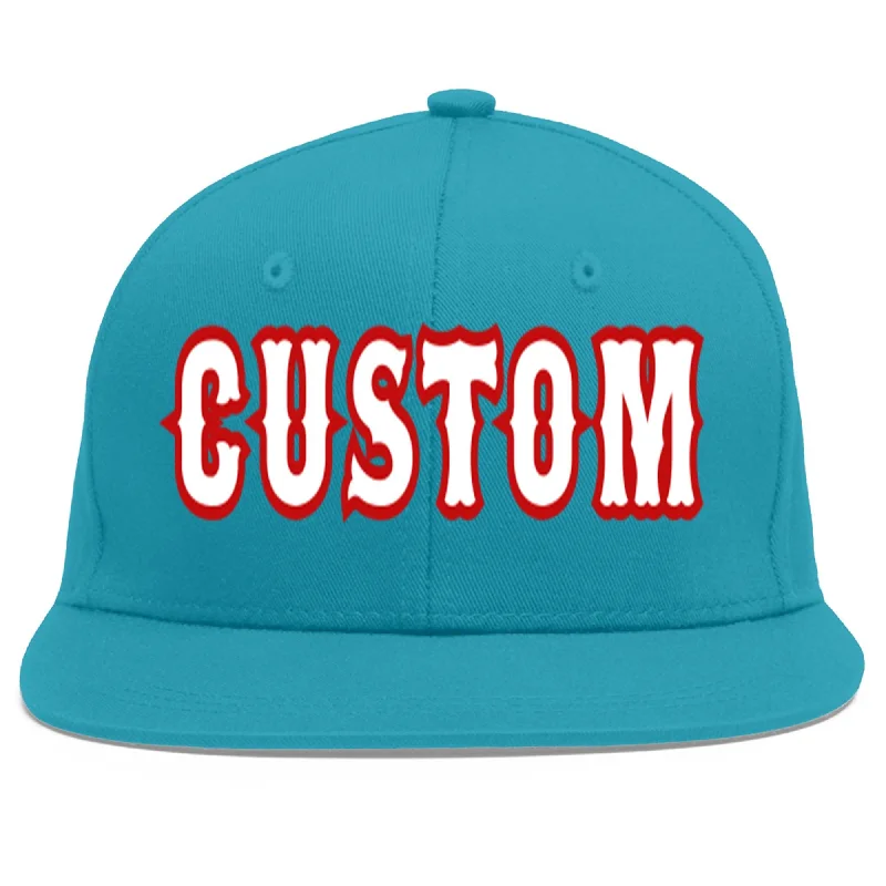 Baseball caps for long wear comfort-Custom Aqua White-Red Flat Eaves Sport Baseball Cap