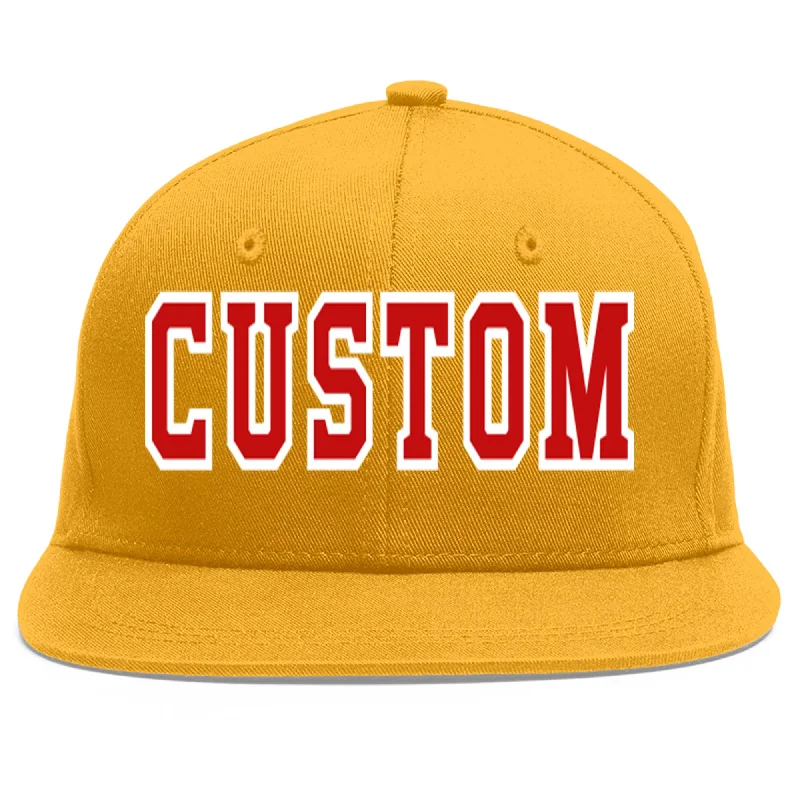 Classic baseball cap designs-Custom Gold Red-White Flat Eaves Sport Baseball Cap