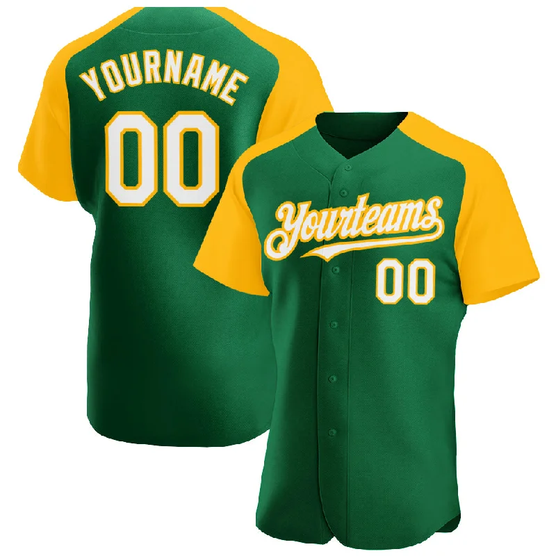 Baseball jerseys for sports camps and coaching events-Custom Kelly Green White-Gold Authentic Raglan Sleeves Baseball Jersey