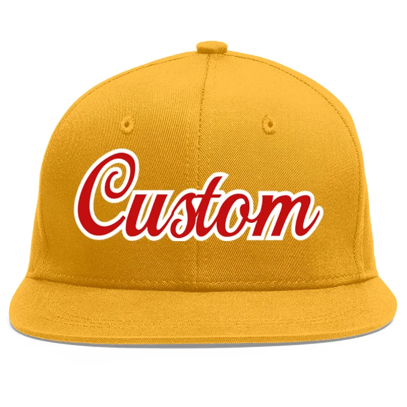 Baseball caps for different occasions-Custom Gold Red-White Flat Eaves Sport Baseball Cap