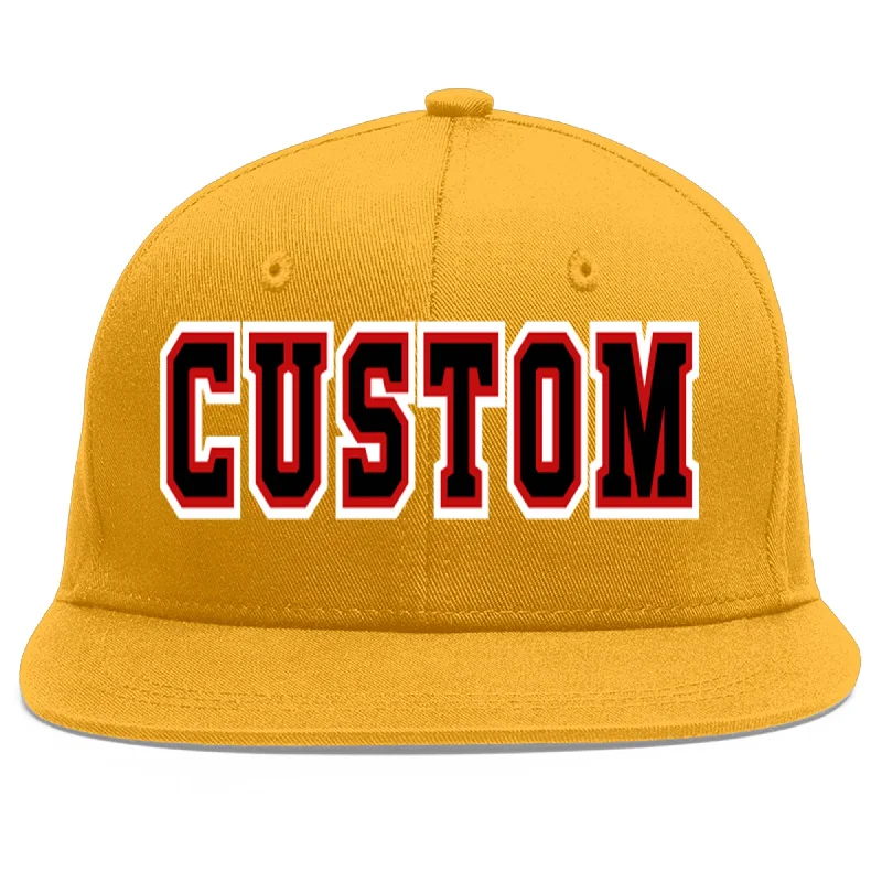 Baseball caps for sunshade-Custom Gold Black-Red Flat Eaves Sport Baseball Cap