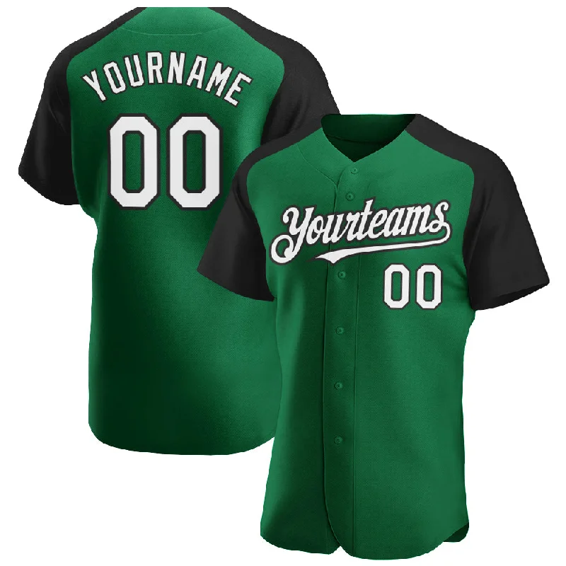 Baseball jerseys with customizable sleeve and collar designs-Custom Kelly Green White-Black Authentic Raglan Sleeves Baseball Jersey