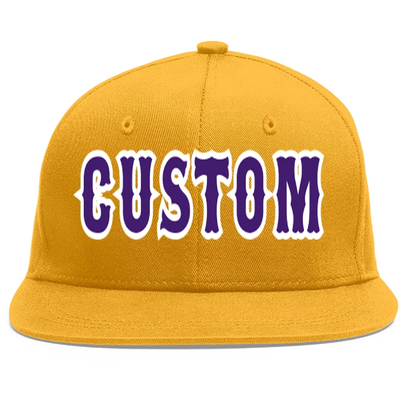 Baseball caps for outdoor adventures-Custom Gold purple-White Flat Eaves Sport Baseball Cap