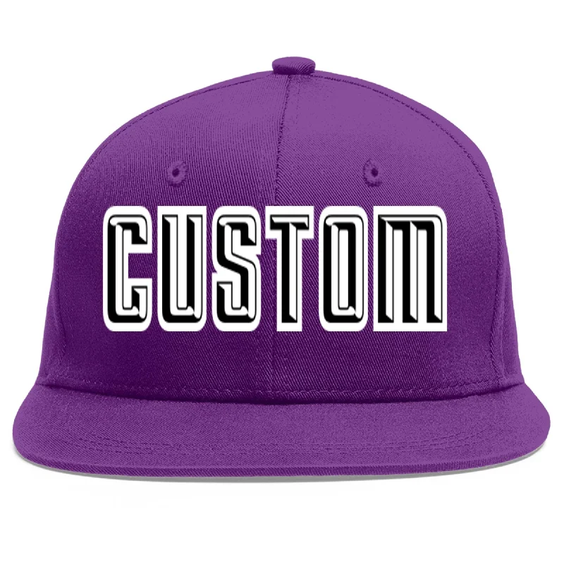 Baseball caps for athletes' performance-Custom Purple Black-White Flat Eaves Sport Baseball Cap