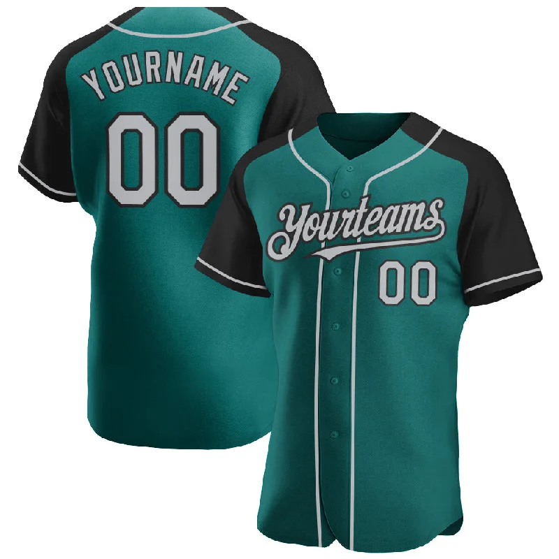 Baseball jerseys for custom team uniforms-Custom Teal Gray-Black Authentic Raglan Sleeves Baseball Jersey