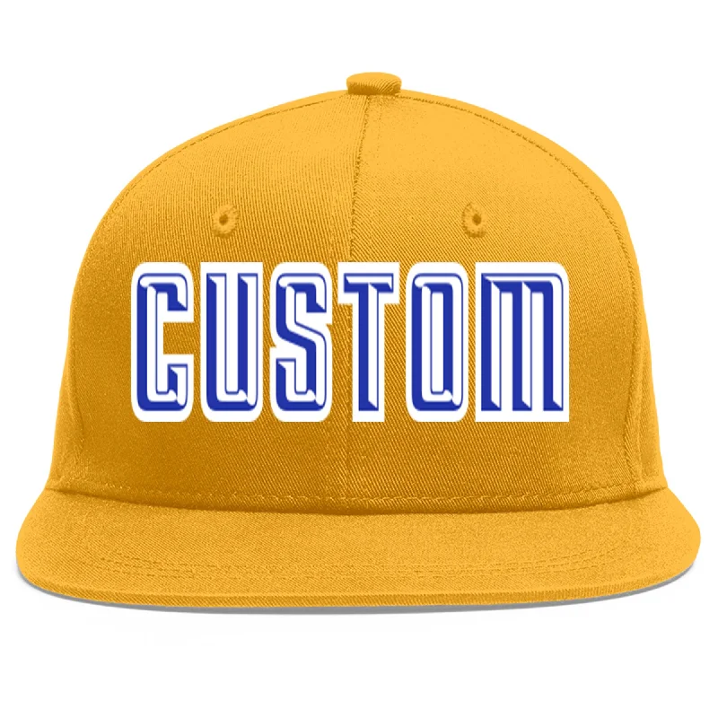 Classic baseball cap features-Custom Gold Royal-White Flat Eaves Sport Baseball Cap