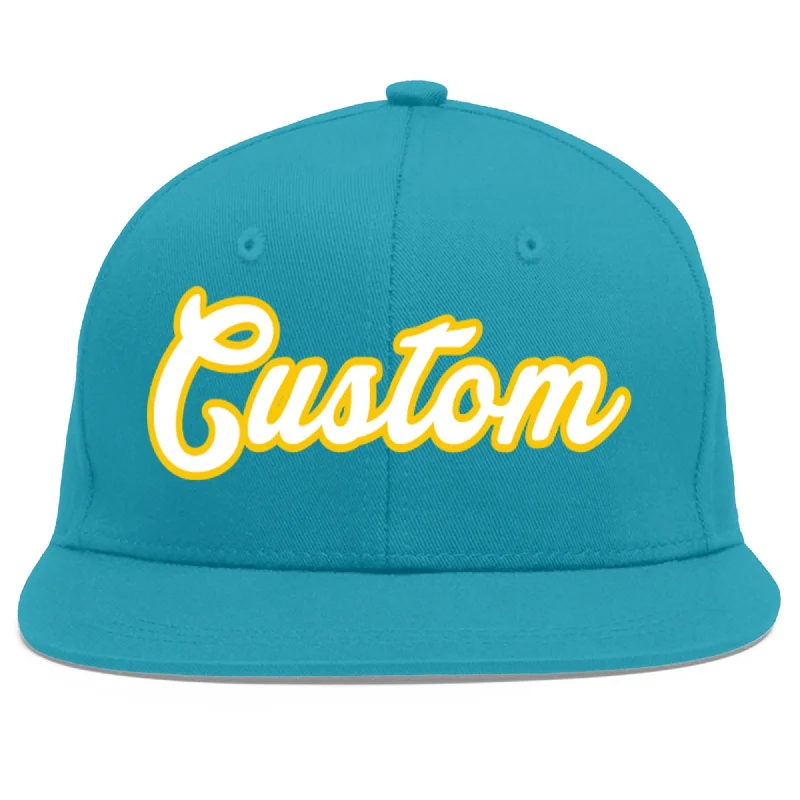 Baseball caps for team sports-Custom Aqua White-Gold Flat Eaves Sport Baseball Cap