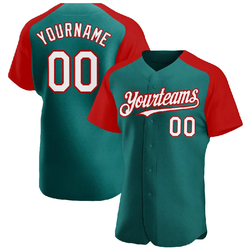 Baseball jerseys with team name and player number prints-Custom Teal White-Red Authentic Raglan Sleeves Baseball Jersey