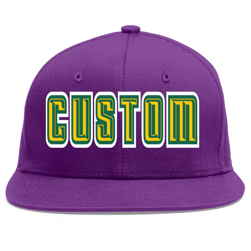 Mesh panel baseball caps for ventilation-Custom Purple Gold-Kelly Green Flat Eaves Sport Baseball Cap