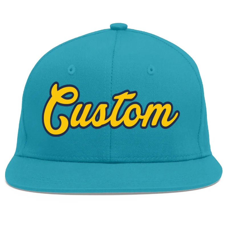 Baseball cap history and origin-Custom Aqua Gold-Navy Flat Eaves Sport Baseball Cap