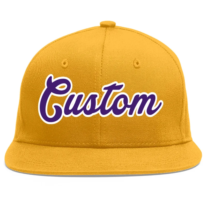 Baseball caps for outdoor activities-Custom Gold purple-White Flat Eaves Sport Baseball Cap