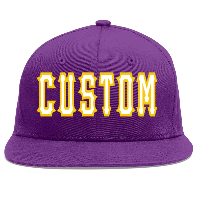 Baseball cap fit for extended wear-Custom Purple White-Gold Flat Eaves Sport Baseball Cap