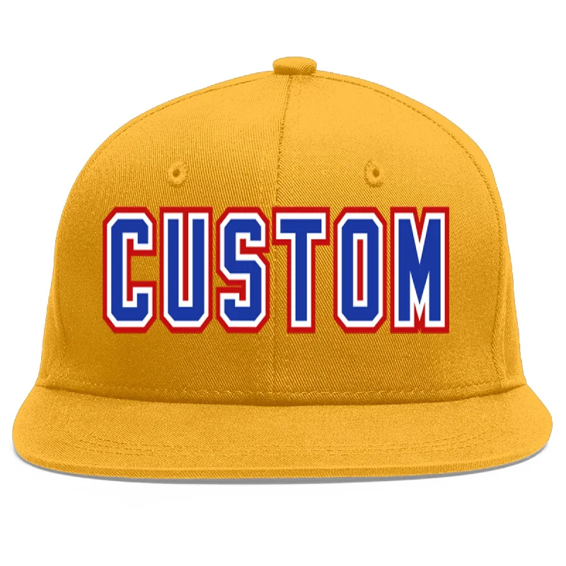 Baseball caps for outdoor activities-Custom Gold Royal-White Flat Eaves Sport Baseball Cap