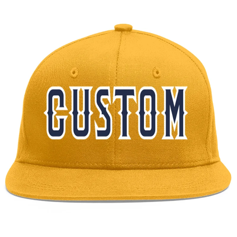 Baseball caps for sun protection-Custom Gold Navy-White Flat Eaves Sport Baseball Cap