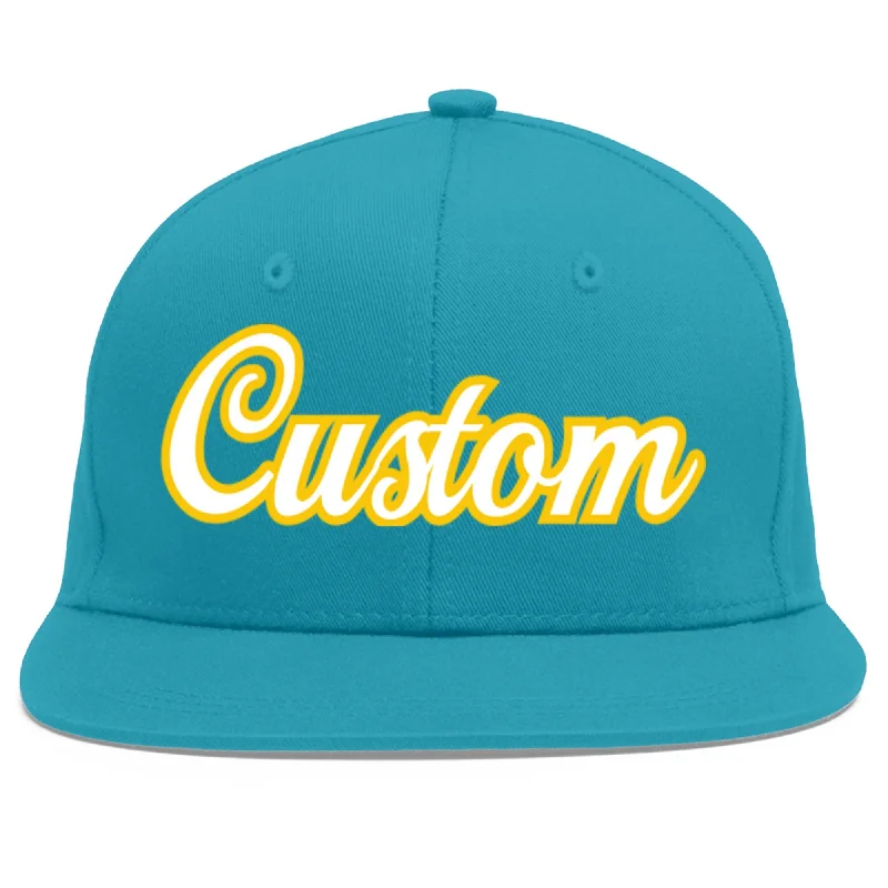 Baseball caps for sunshade-Custom Aqua White-Gold Flat Eaves Sport Baseball Cap