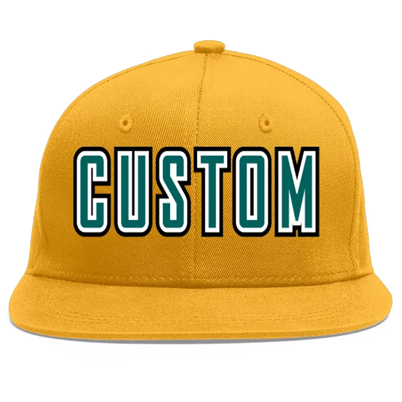 Interior lining features in baseball caps-Custom Gold Aqua-White Flat Eaves Sport Baseball Cap