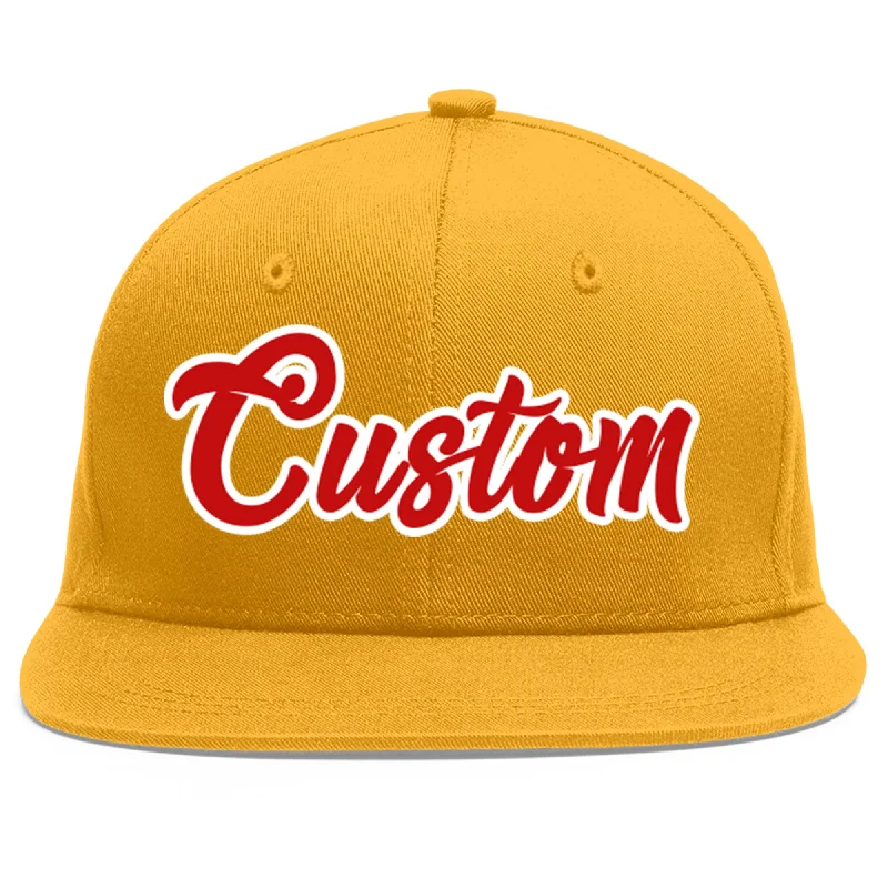 Trendy baseball cap styles-Custom Gold Red-White Flat Eaves Sport Baseball Cap