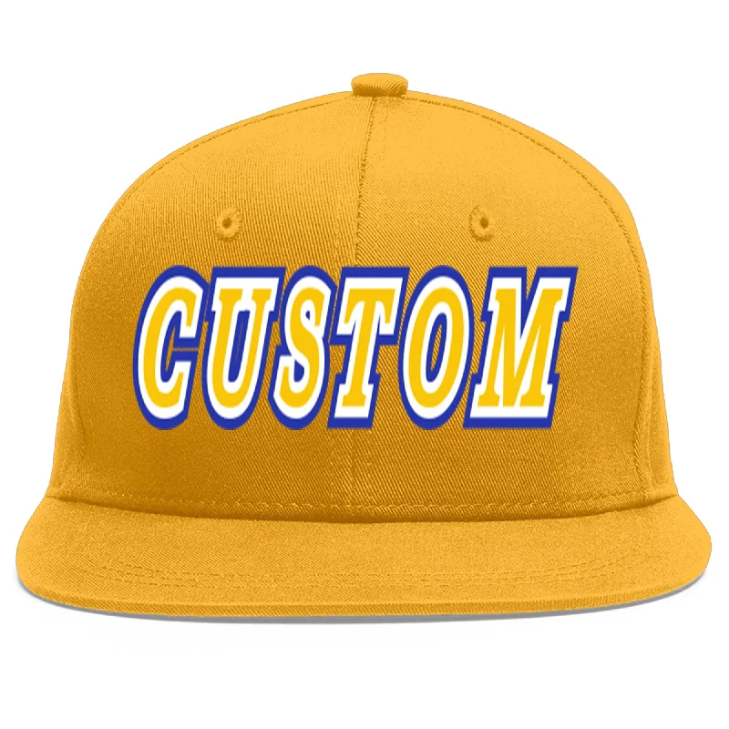 Adjustable baseball caps for a perfect fit-Custom Gold Gold-White Flat Eaves Sport Baseball Cap