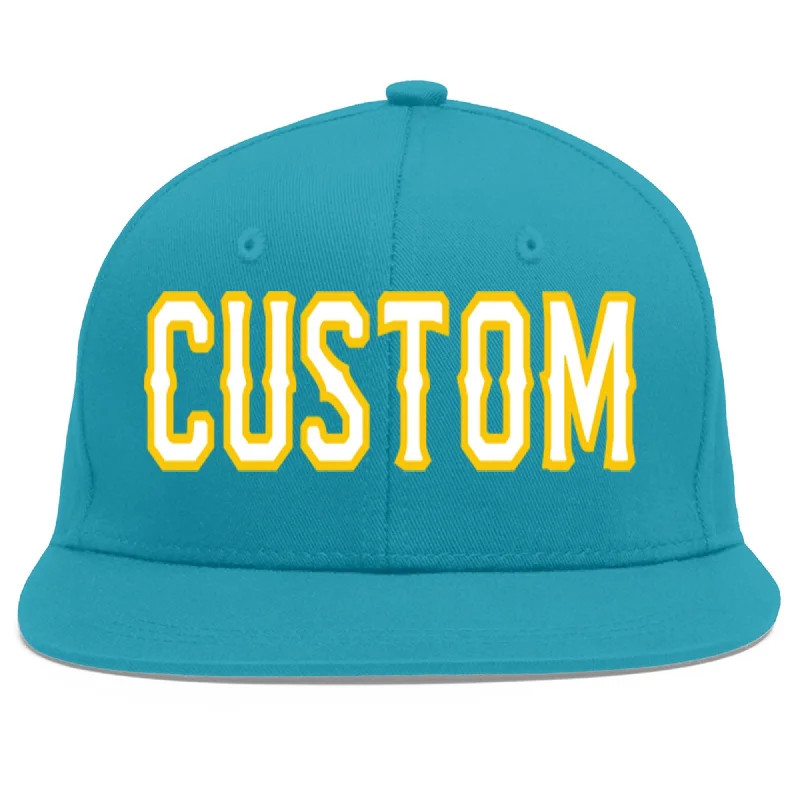 Winter-friendly baseball caps-Custom Aqua White-Gold Flat Eaves Sport Baseball Cap