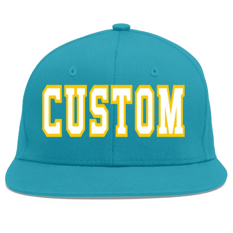 High-quality baseball caps-Custom Aqua White-Gold Flat Eaves Sport Baseball Cap