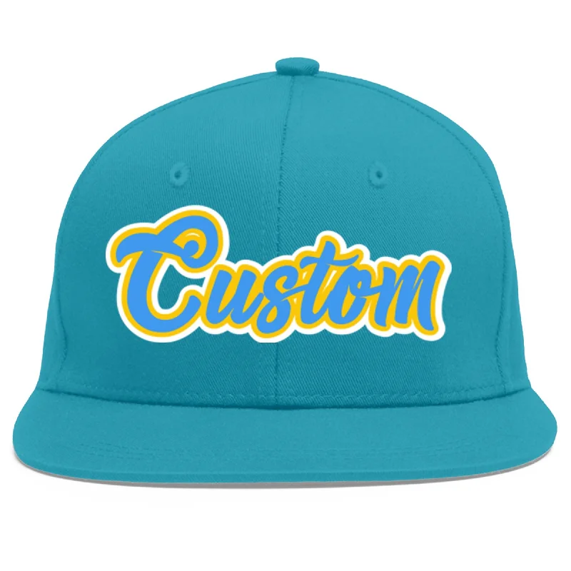 Everyday wear baseball caps-Custom Aqua Powder Blue-Gold Flat Eaves Sport Baseball Cap