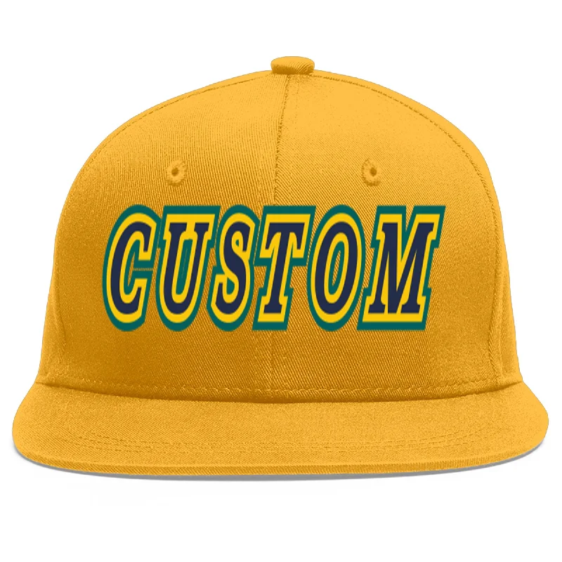 Baseball cap outfit pairing tips-Custom Gold Navy-Gold Flat Eaves Sport Baseball Cap