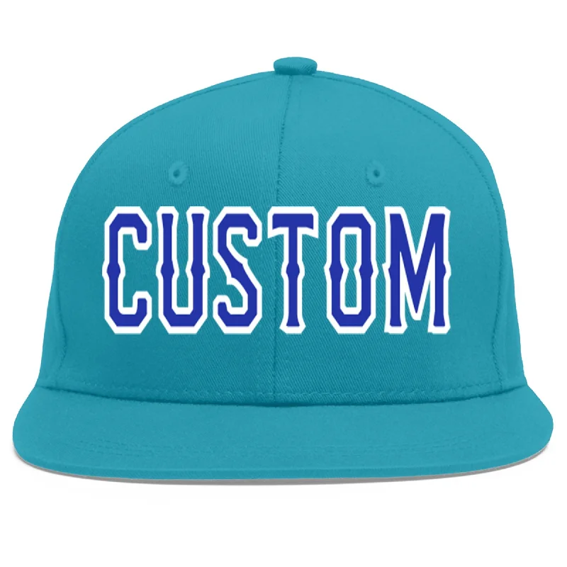 Classic black baseball caps-Custom Aqua Royal-White Flat Eaves Sport Baseball Cap