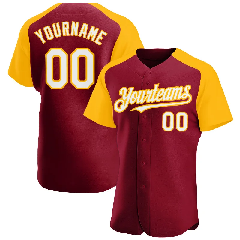 Baseball jerseys for sports leagues and clubs-Custom Crimson White-Gold Authentic Raglan Sleeves Baseball Jersey