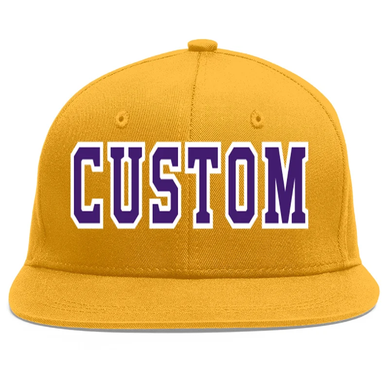 Baseball cap style for personal flair-Custom Gold purple-White Flat Eaves Sport Baseball Cap