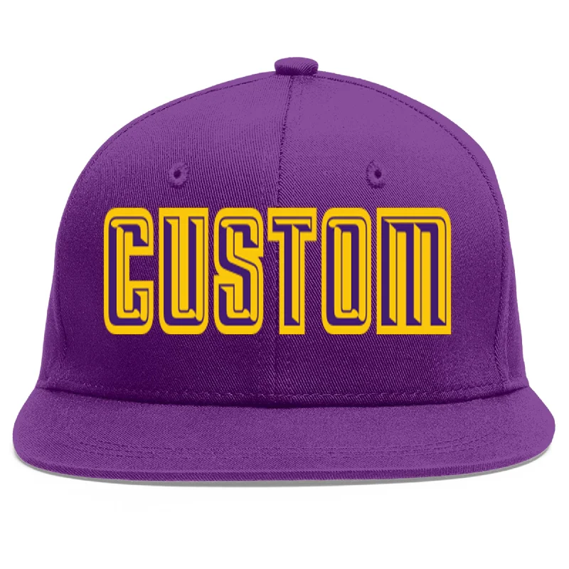 Unique baseball cap designs-Custom Purple purple-Gold Flat Eaves Sport Baseball Cap