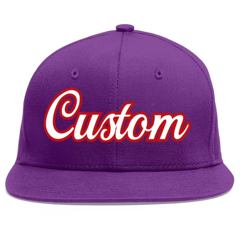 Baseball caps for outdoor sports-Custom Purple White-Red Flat Eaves Sport Baseball Cap