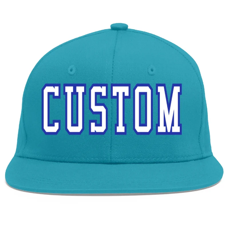 Baseball caps for outdoor sports-Custom Aqua White-Royal Flat Eaves Sport Baseball Cap