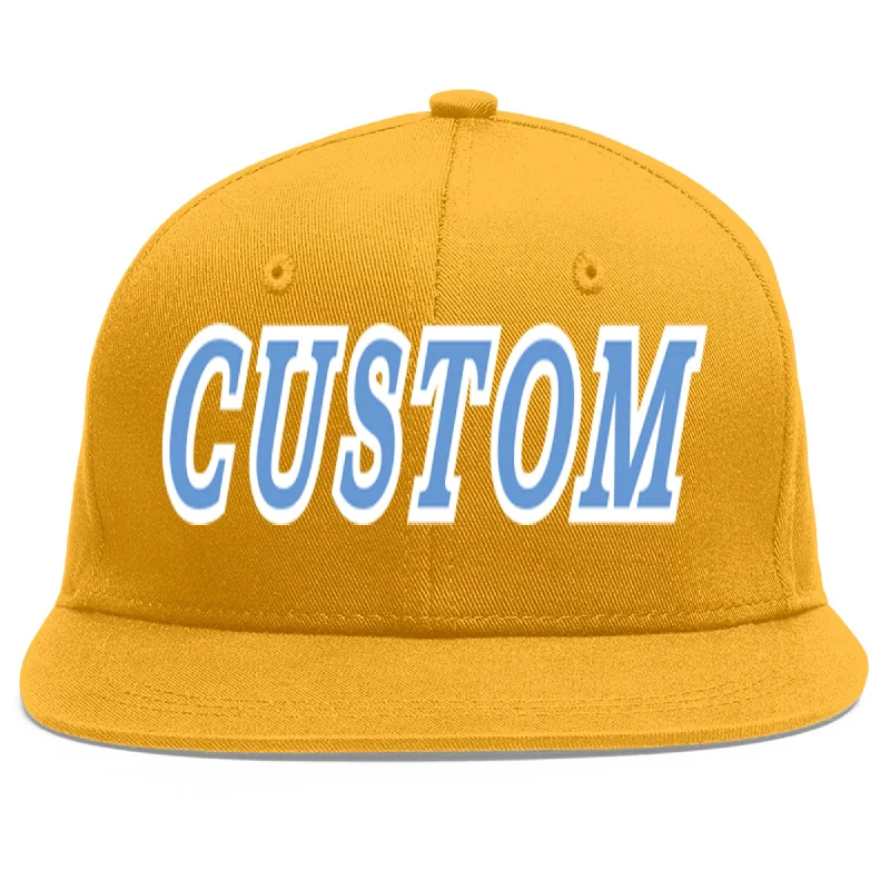 Most comfortable baseball caps-Custom Gold Light Blue-White Flat Eaves Sport Baseball Cap