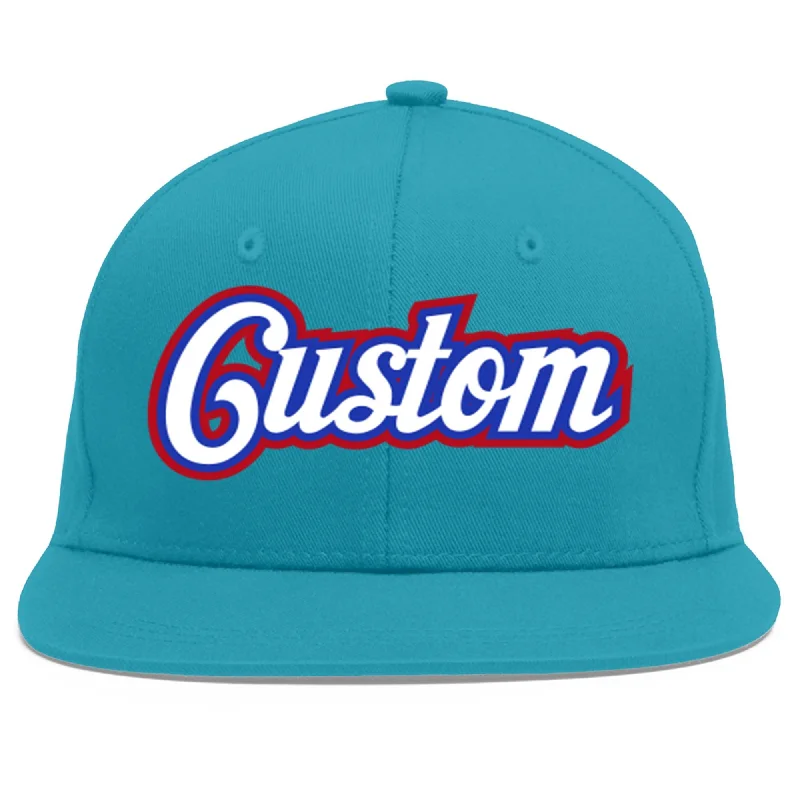 Baseball caps with sun protection-Custom Aqua White-Royal Flat Eaves Sport Baseball Cap