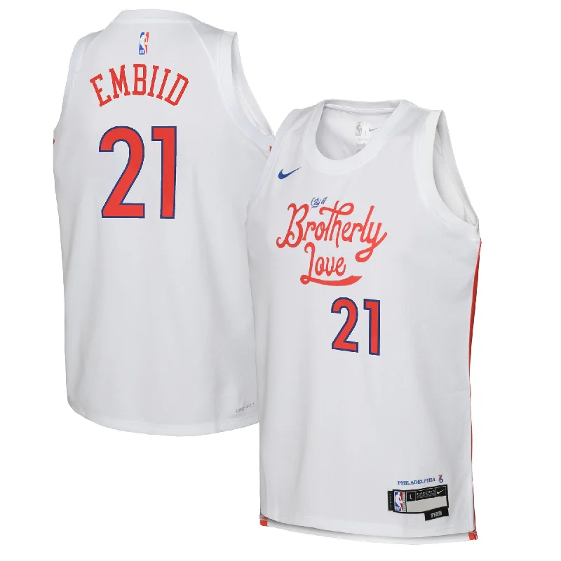 Basketball jerseys with long sleeves for cold weather-Joel Embiid Philadelphia 76ers Youth 2022/23 Swingman Basketball Jersey - City Edition - White