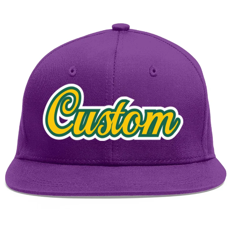 Baseball caps for daily wear-Custom Purple Gold-Kelly Green Flat Eaves Sport Baseball Cap