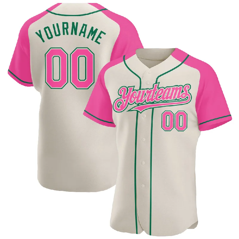 Best quality baseball jerseys for travel teams-Custom Cream Pink-Kelly Green Authentic Raglan Sleeves Baseball Jersey