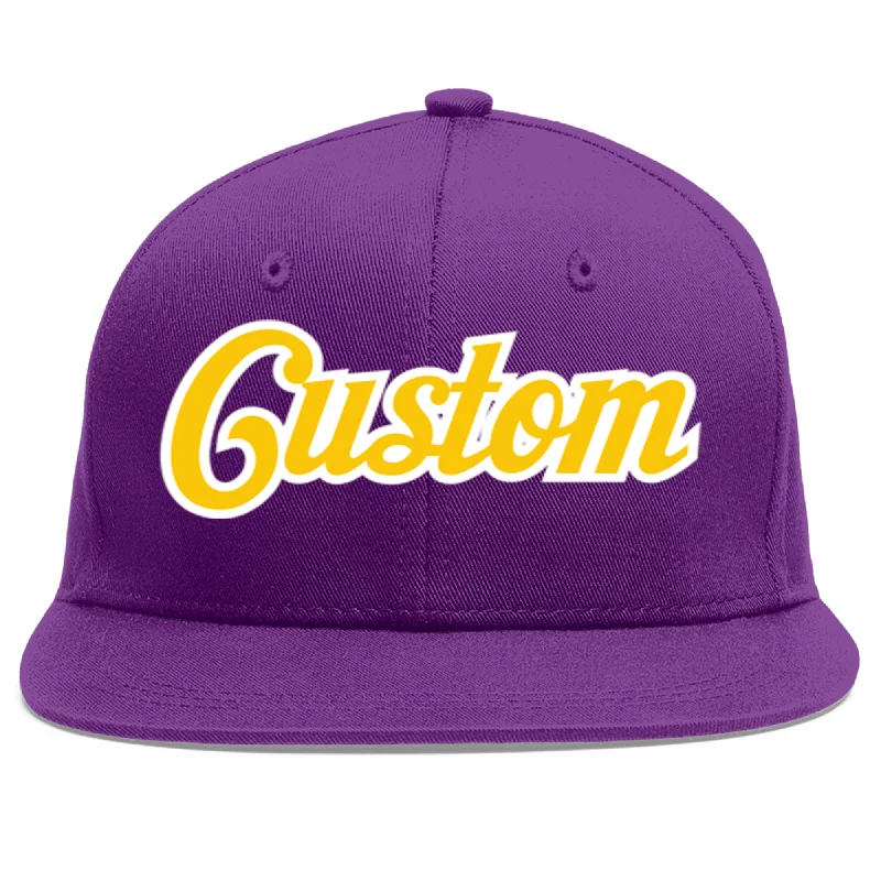 Comfort and fit of baseball caps-Custom Purple Gold-White Flat Eaves Sport Baseball Cap