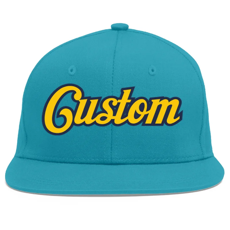 Baseball cap accessories to consider-Custom Aqua Gold-Navy Flat Eaves Sport Baseball Cap