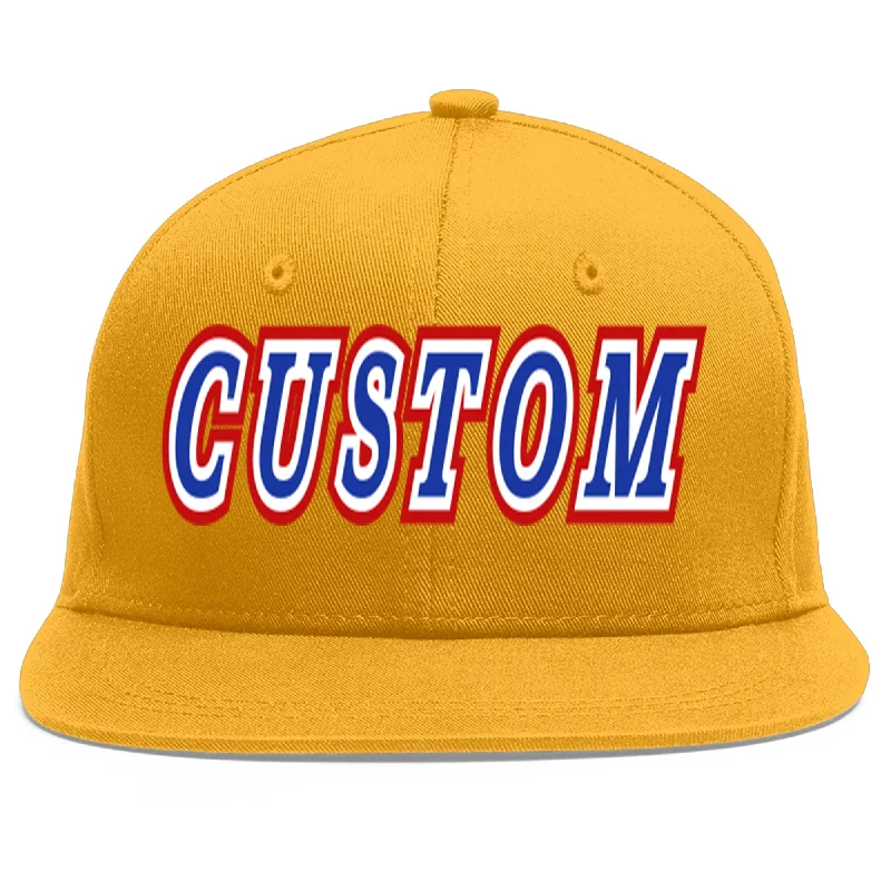 Baseball caps with sun protection-Custom Gold Royal-White Flat Eaves Sport Baseball Cap