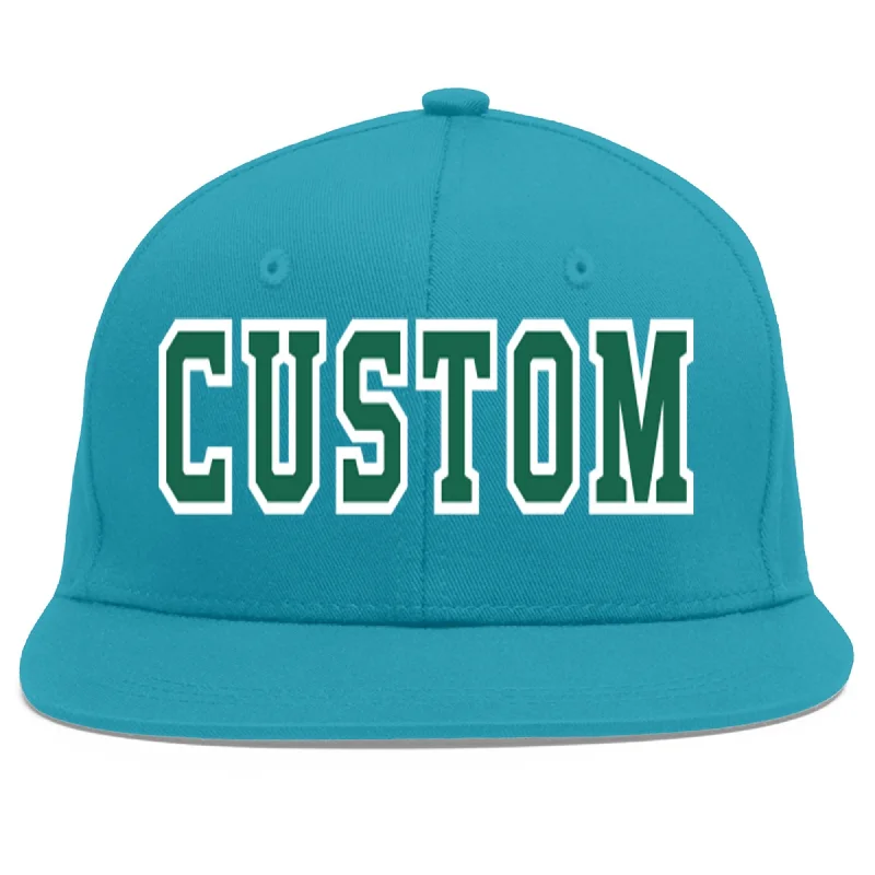 Adjustability in baseball caps-Custom Aqua Kelly Green-White Flat Eaves Sport Baseball Cap