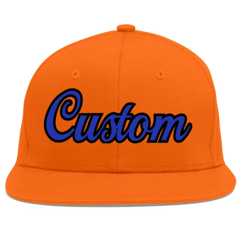 Baseball caps for athletes' performance-Custom Orange Royal-Black Flat Eaves Sport Baseball Cap