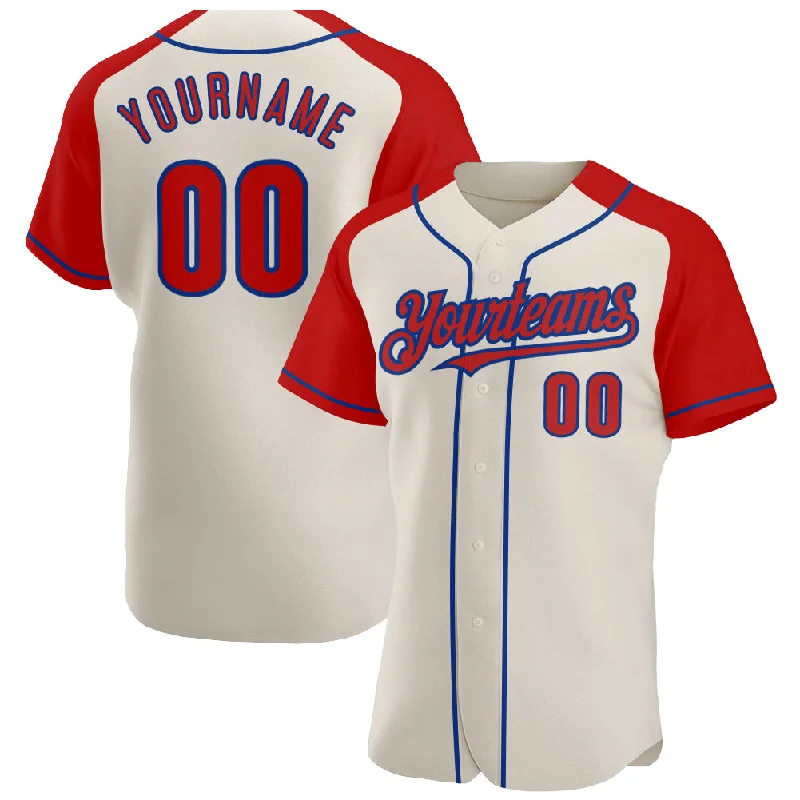 Custom team baseball jerseys with logos-Custom Cream Red-Royal Authentic Raglan Sleeves Baseball Jersey