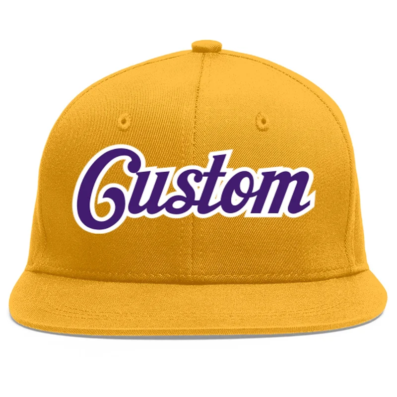 Baseball caps with elastic fit-Custom Gold purple-White Flat Eaves Sport Baseball Cap