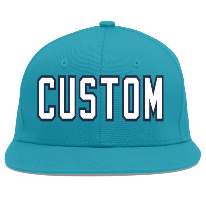 Unique baseball cap designs-Custom Aqua White-Navy Flat Eaves Sport Baseball Cap