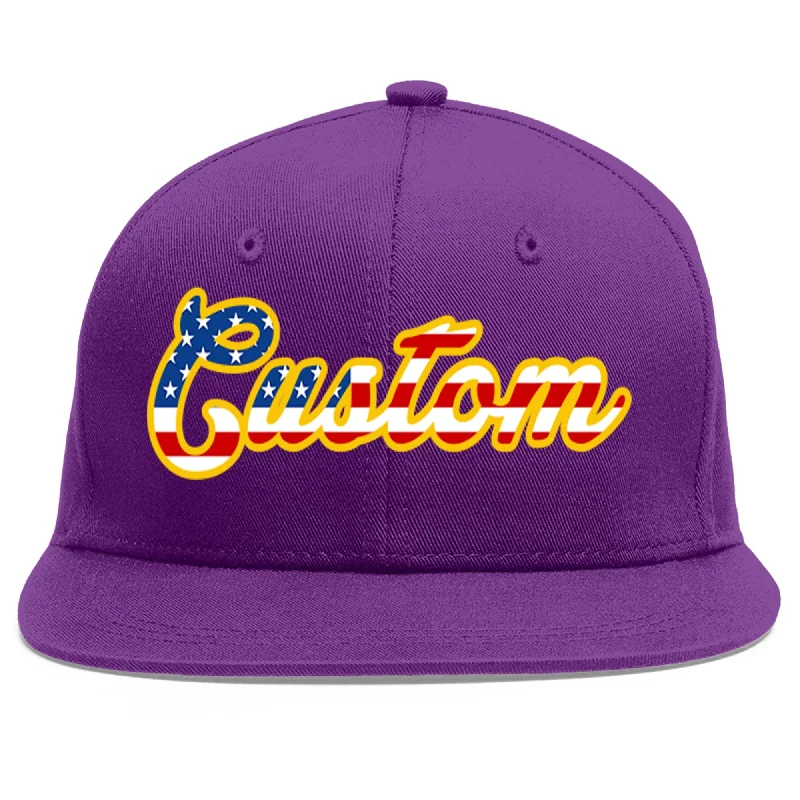 Interior lining features in baseball caps-Custom Purple Vintage USA Flag-Gold Flat Eaves Sport Baseball Cap