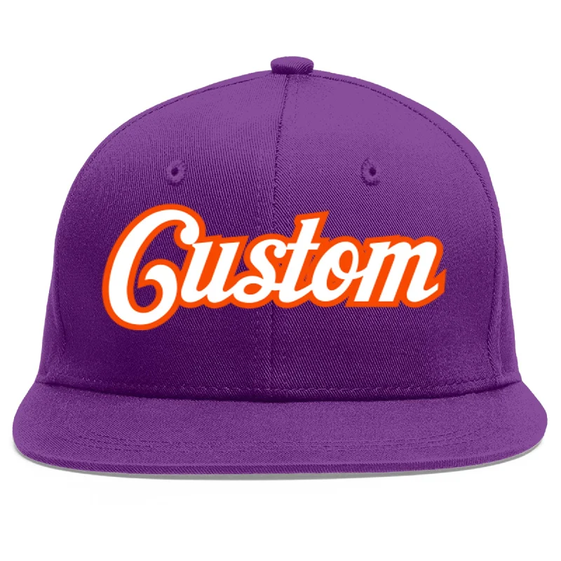 Baseball caps with casual outfits-Custom Purple White-Orange Flat Eaves Sport Baseball Cap