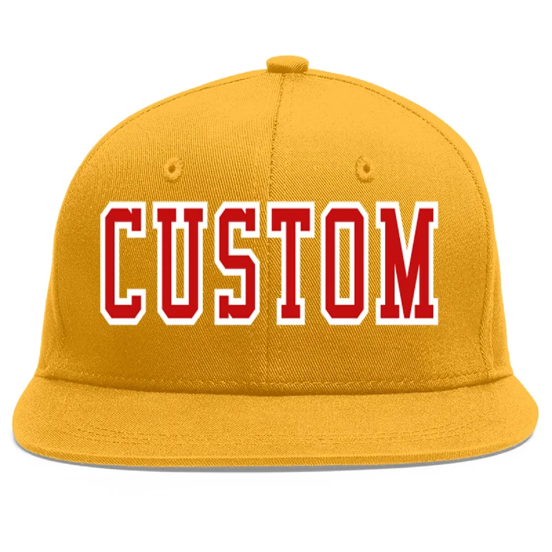 Baseball cap style for personal flair-Custom Gold Red-White Flat Eaves Sport Baseball Cap