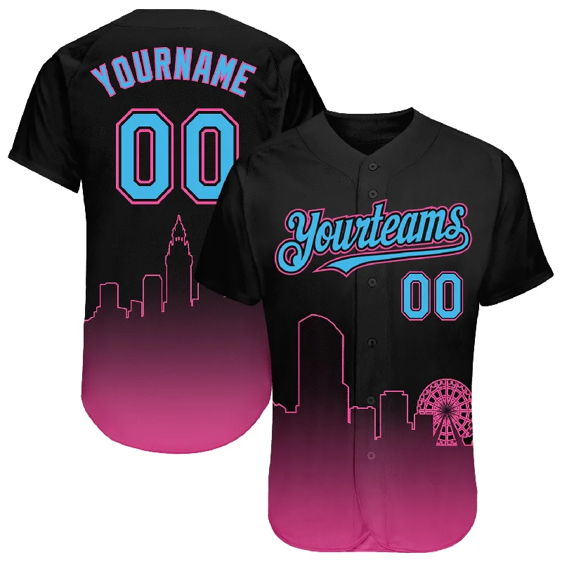 Baseball jerseys for year-round practice and play-Custom Black Sky Blue-Pink 3D Miami City Edition Fade Fashion Authentic Baseball Jersey