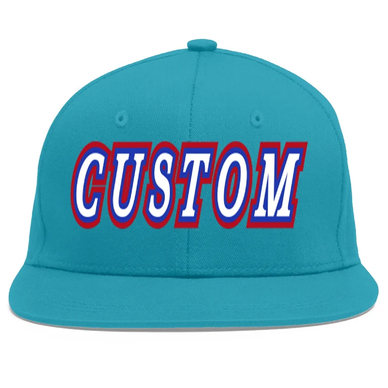 Baseball caps for long wear-Custom Aqua White-Royal Flat Eaves Sport Baseball Cap